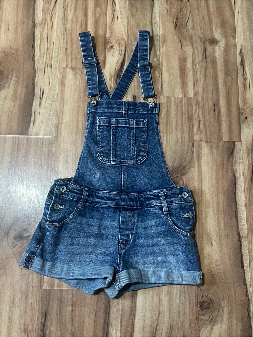 WallFlower Juniors Criss Cross Back Denim Overall Shorts Medium Blue Sz S